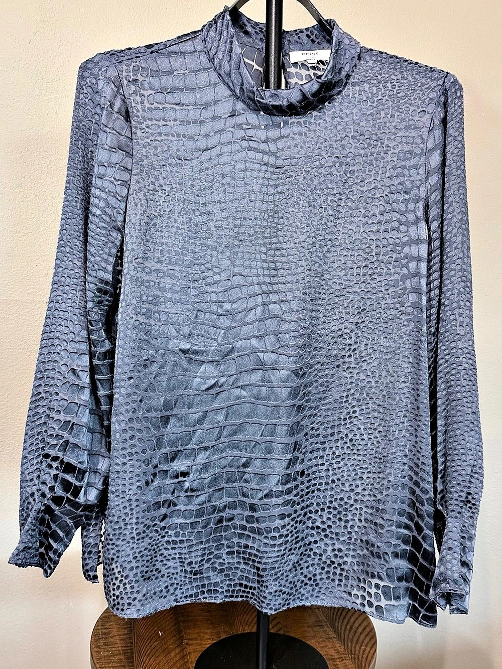 Reiss Blue Silk Blend Jacquard Textured Animal Print Cowl Neck Blouse 6 sheer